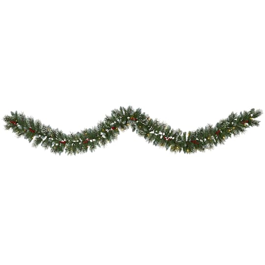 9ft. Pre-Lit Clear LED Frosted Swiss Pine &#x26; Berry Artificial Garland